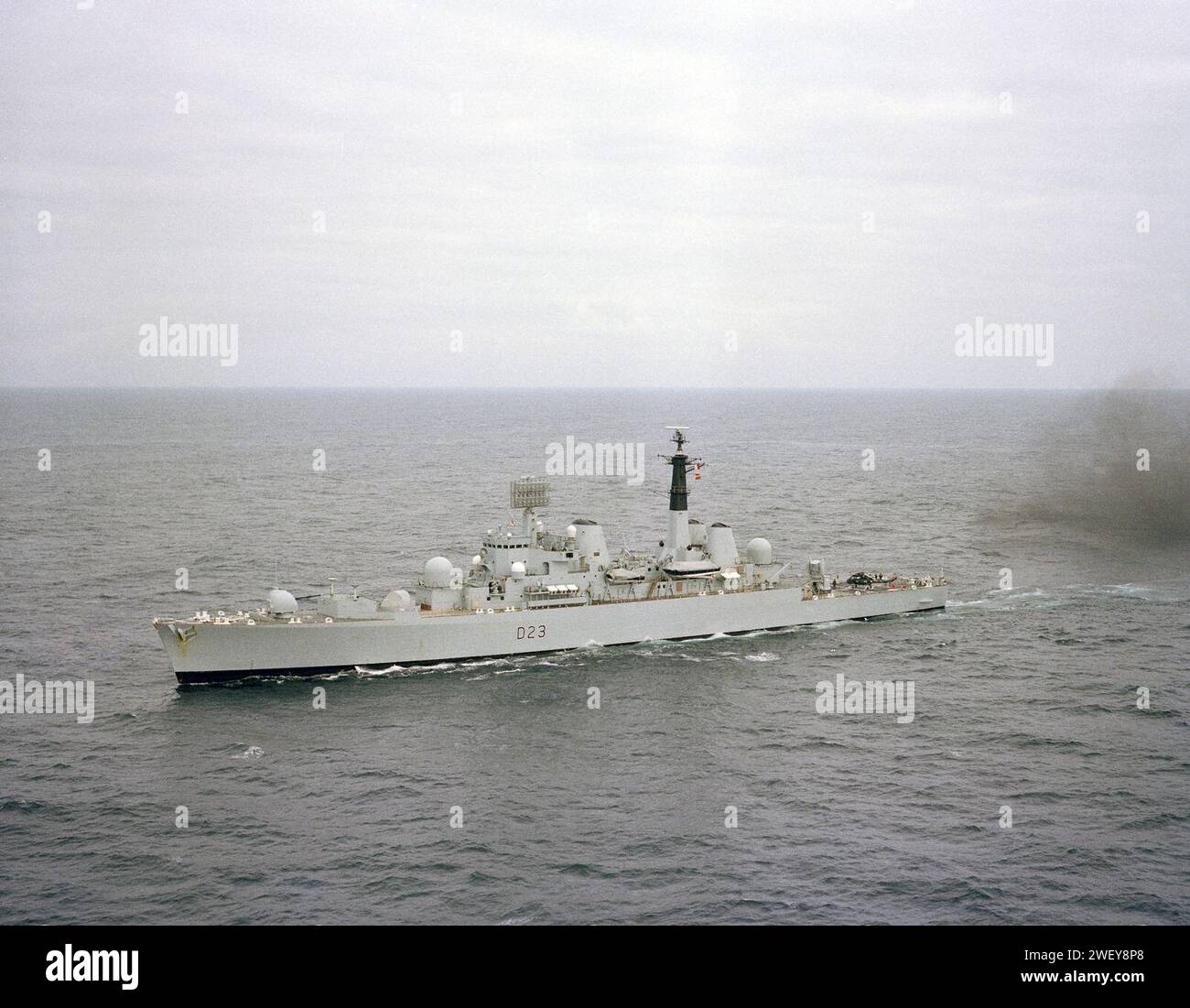 An elevated port bow view of the British destroyer HMS BRISTOL (D23 ...