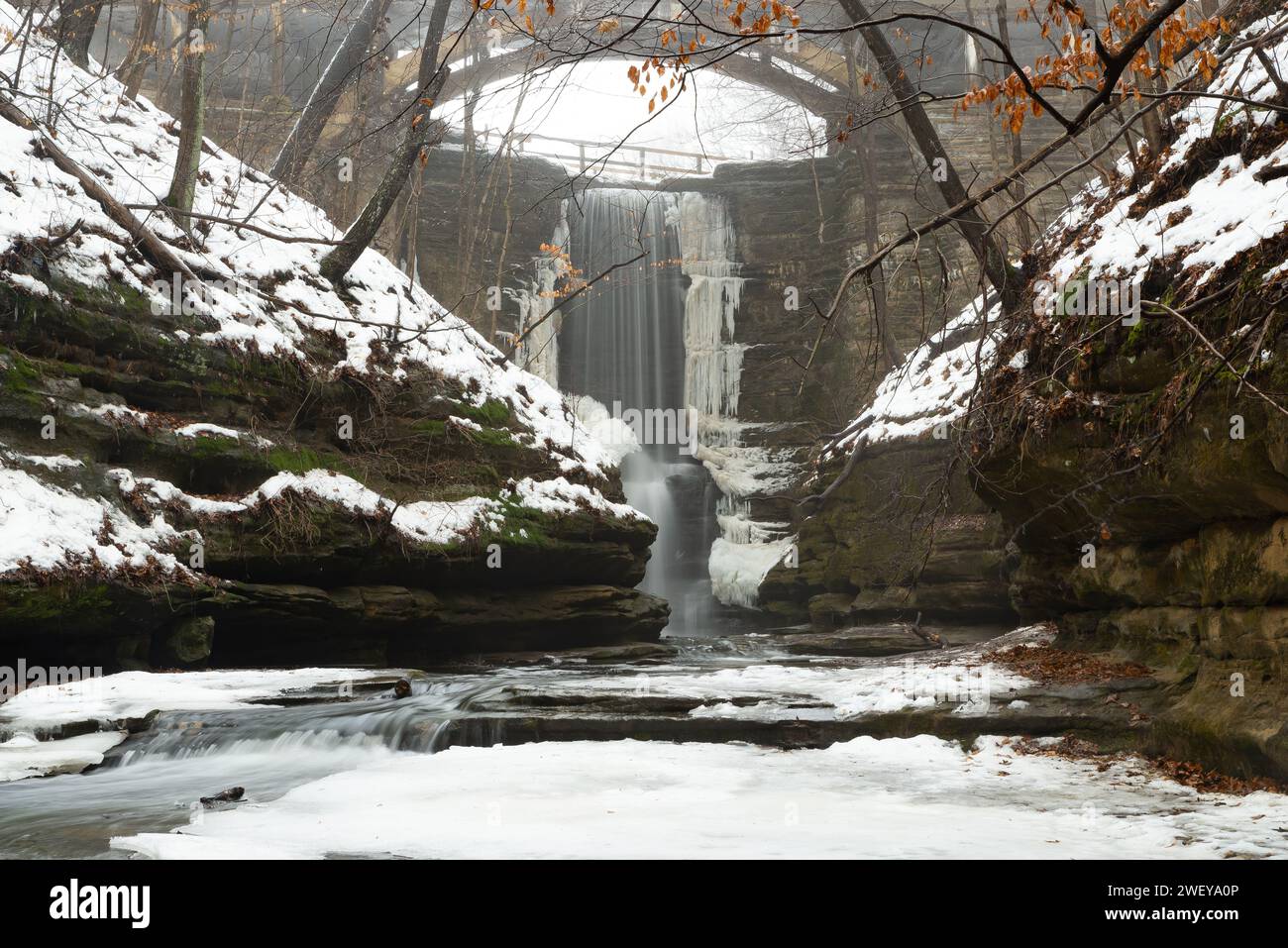 Water flowing down Lake Falls as the snow melts at Matthiessen State Park, Illinois, USA. Stock Photo