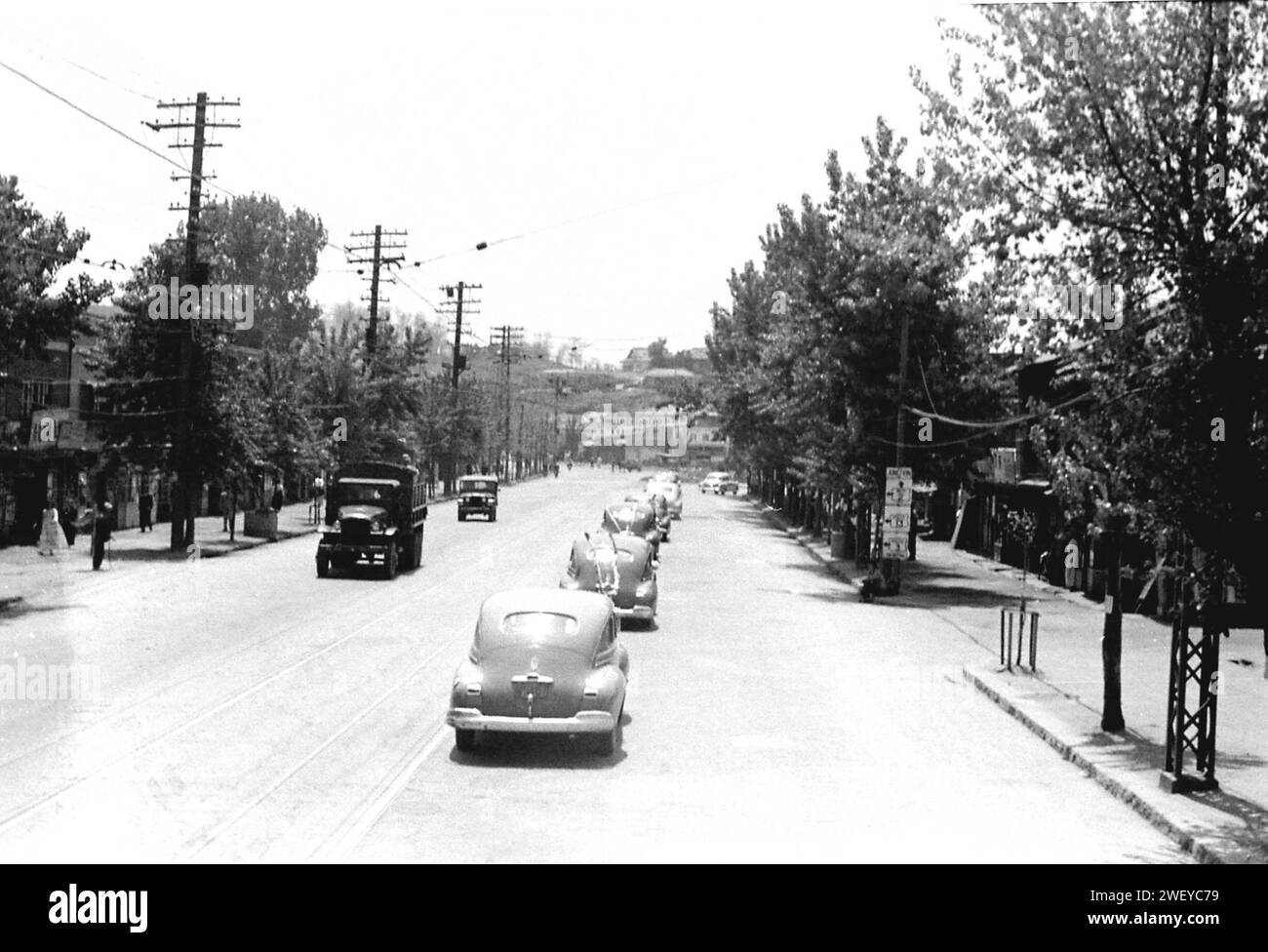 Some gas powered cars (hoses attached)in Seoul South Korea 1953 Stock Photo