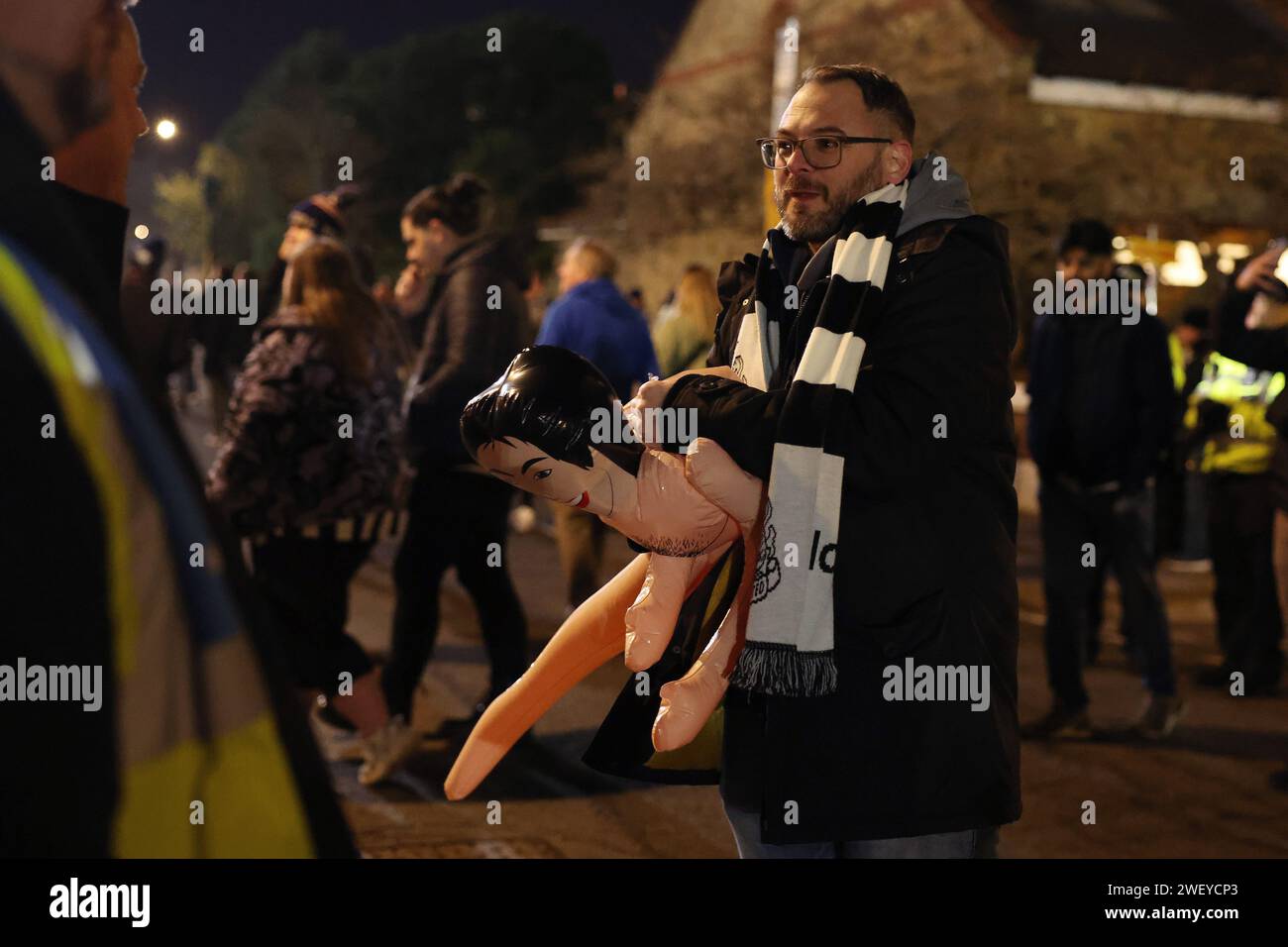 London, UK. 27th Jan, 2024. A Newcastle United fan with a blow up doll is asked to deflate it by stewards outside the stadium before the The FA Cup match at Craven Cottage, London. Picture credit should read: Paul Terry/Sportimage Credit: Sportimage Ltd/Alamy Live News Stock Photo