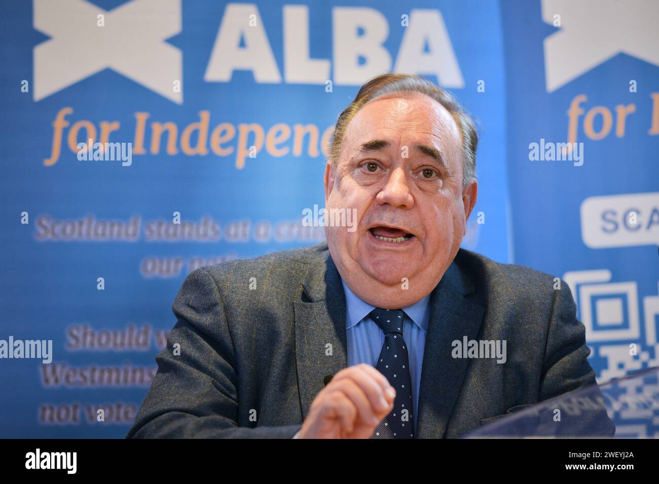 Edinburgh Scotland, UK 27 January 2024.   Alex Salmond at the Charteris Centre for The YES Road to Independence event. credit sst/alamy live news Stock Photo