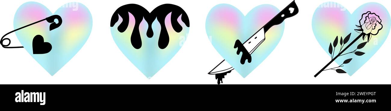 Holographic hearts set. y2k rave foil collection of trendy EMO goth ...