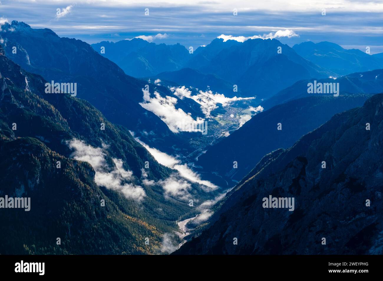 Aerial view on the Ansiei valley, Val d Ansiei, the town Auronzo di Cadore and the lake Lago di Santa Caterina. Cortina d Ampezzo Veneto Italy FB 2023 Stock Photo