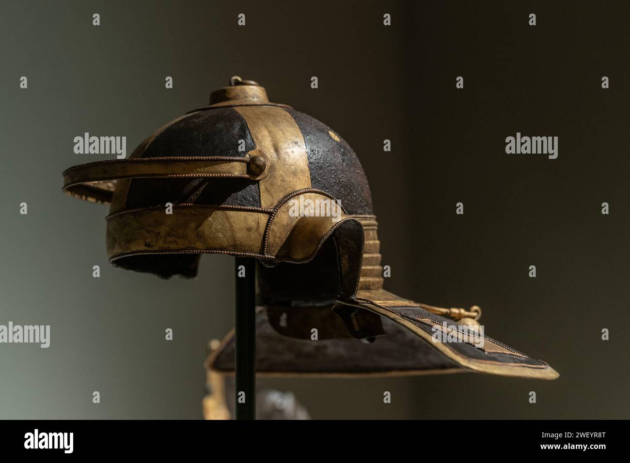 Roman Iron, Brass and Copper Helmet from 2nd century A.D. from Mougins Museum of Classical Art Collection seen during press preview ahead of auction on Christie's in New York on January 26, 2024 Stock Photo
