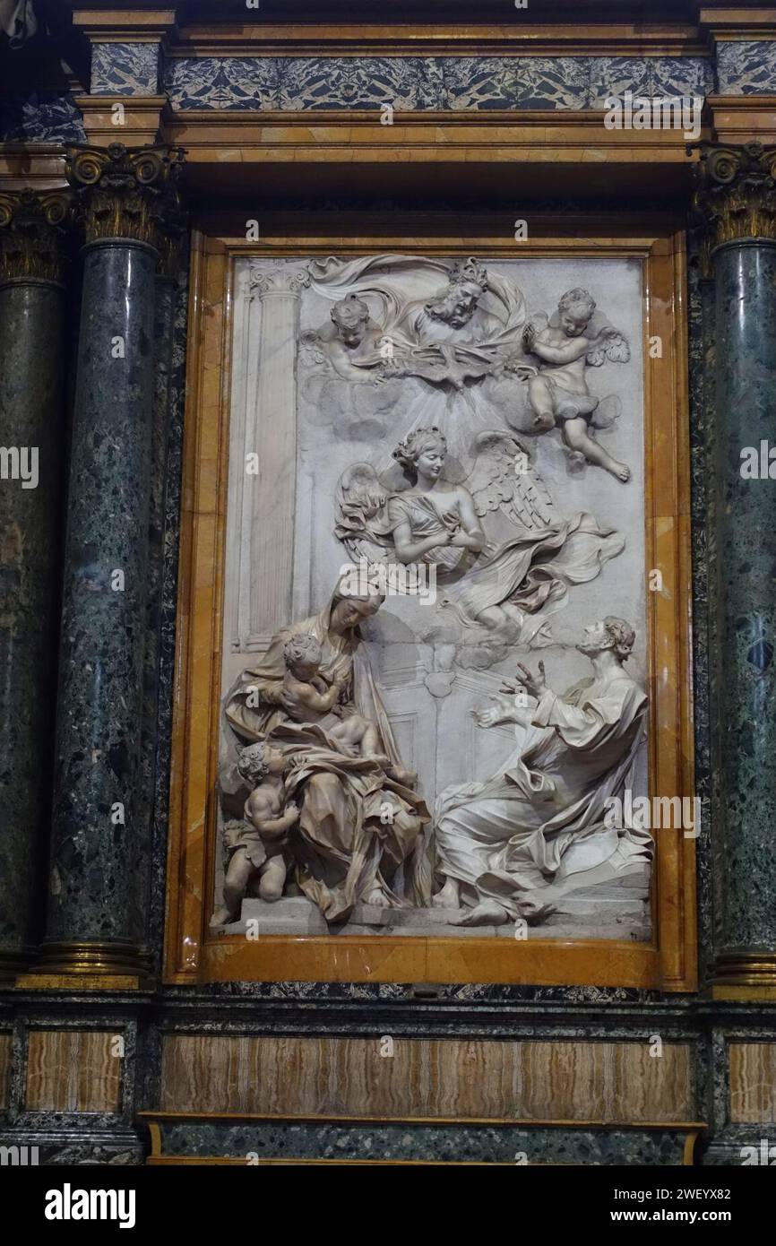 Angel Urges the Sacred Family to Flee to Egypt by Antonio Raggi, 1675, in the Ginetti Chapel Stock Photo