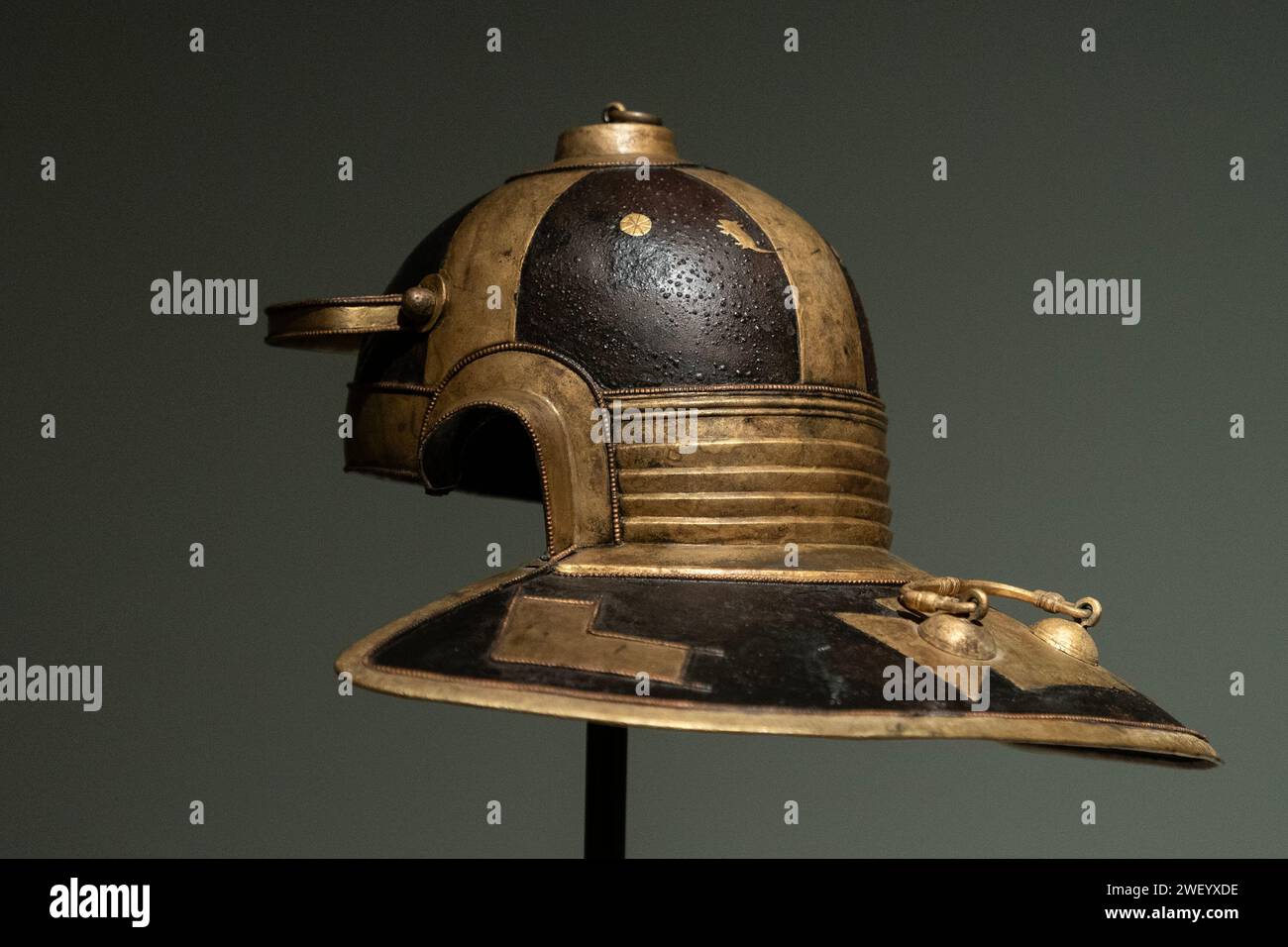 New York, USA. 26th Jan, 2024. Roman Iron, Brass and Copper Helmet from 2nd century A.D. from Mougins Museum of Classical Art Collection seen during press preview ahead of auction at Christie's in New York on January 26, 2024. Helmet featured a small mouse on the top and punched inscription naming the helmet's owner, IVLI MANSVETI, probably to be read as Julius Mansuetus. (Photo by Lev Radin/Sipa USA) Credit: Sipa USA/Alamy Live News Stock Photo