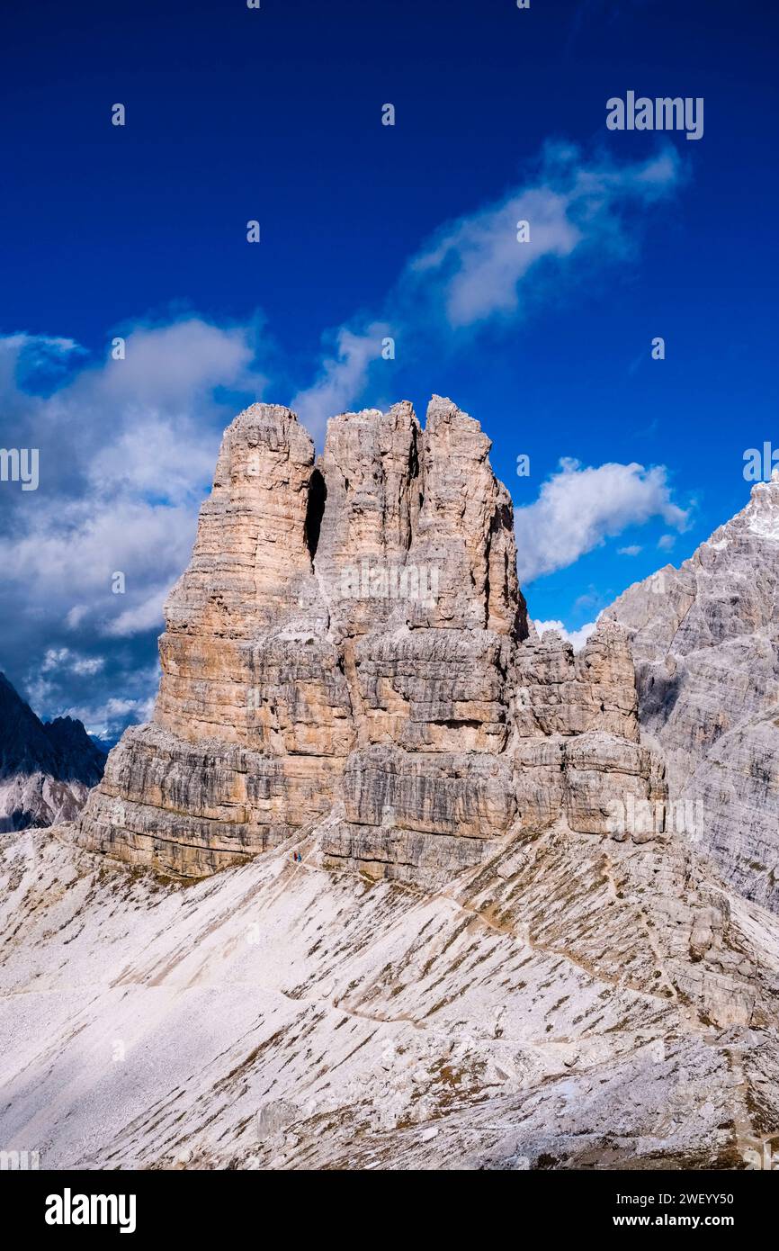 The rock formation Torre di Toblin in Tre Cime National Park, seen from the summit of Sasso di Sesto. Cortina d Ampezzo Veneto Italy FB 2023 3410 Stock Photo