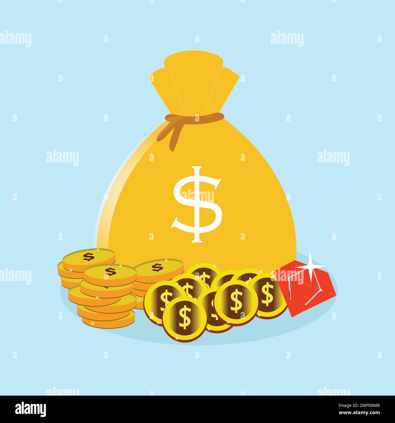 A money bag and pile of gold coins, money with a dollar sign ...
