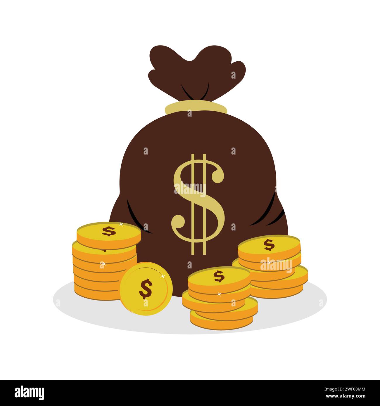 A money bag and pile of gold coins, money with a dollar sign ...