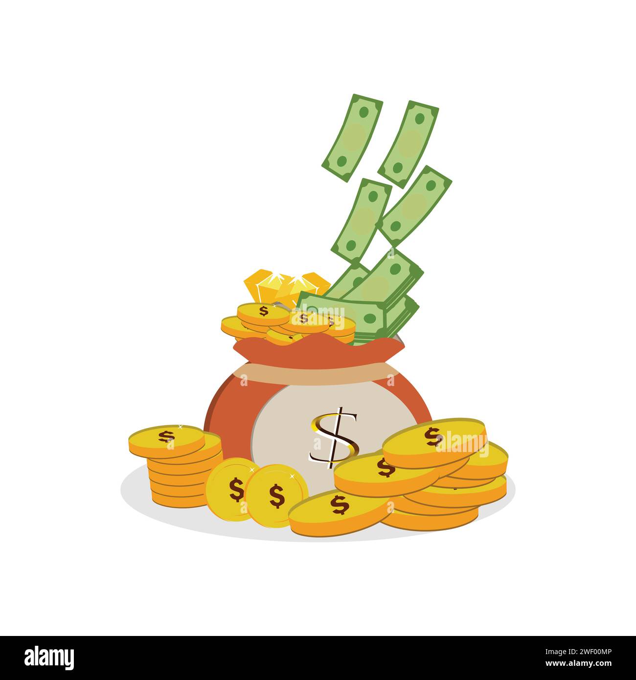 A money bag and pile of gold coins, money with a dollar sign ...