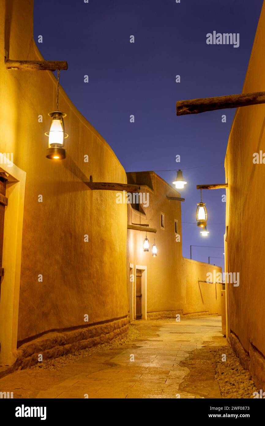 Diriyah old town traditional street illuminated at night, Riyadh, Saudi ...