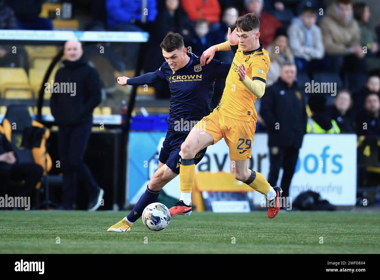 27th January 2024; Almondvale Stadium, Livingston, Scotland: Scottish Premiership Football, Livingston versus Dundee; Dara Costello of Dundee takes on James Penrice of Livingston Stock Photo