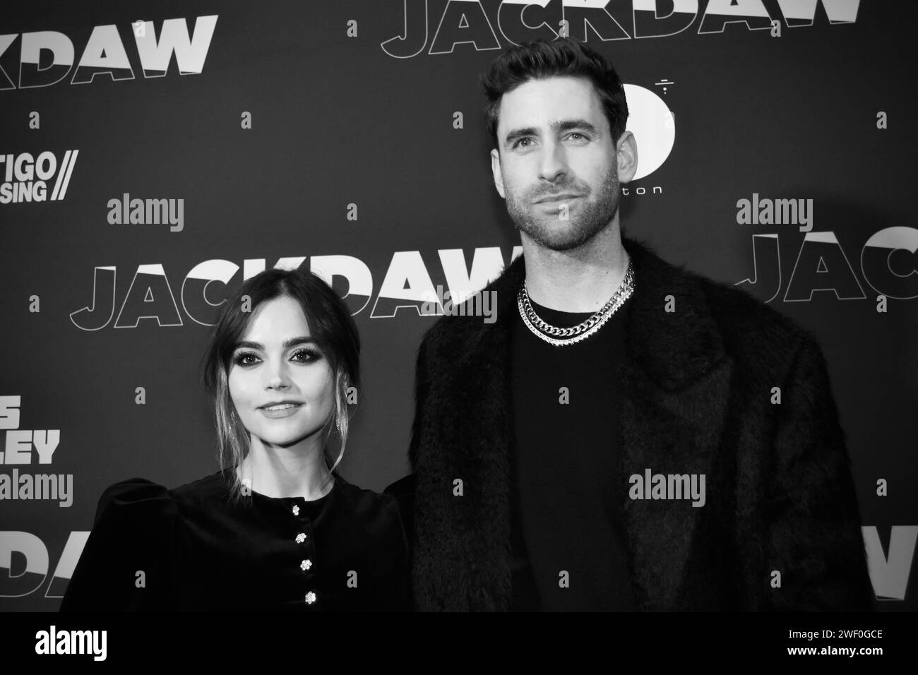 Co-stars Jenna Coleman and Oliver Jackson-Cohen pictured together on the red carpet at the premiere of 'Jackdaw'. Credit: James Hind/Alamy. Stock Photo