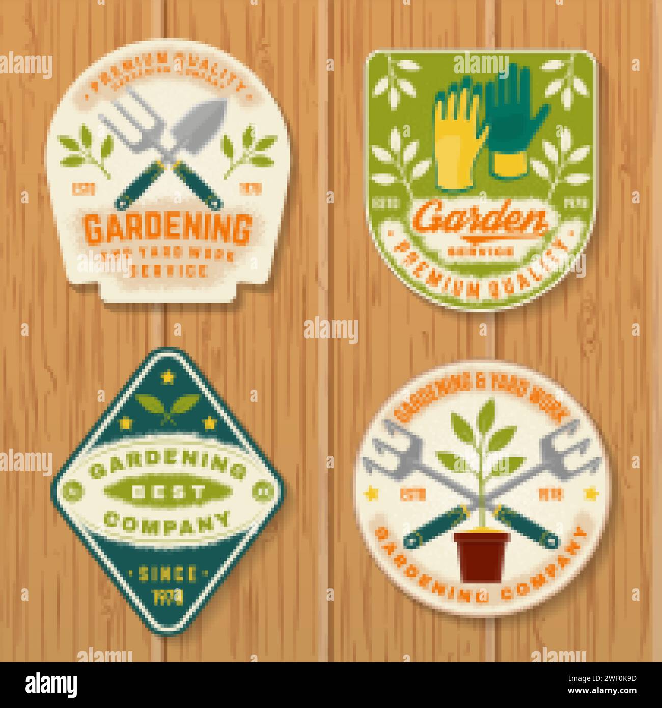 Set of gardening and yard work services emblem, label, patch, sticker. Vector illustration. For sign, patch, shirt design with hand secateurs, garden Stock Vector