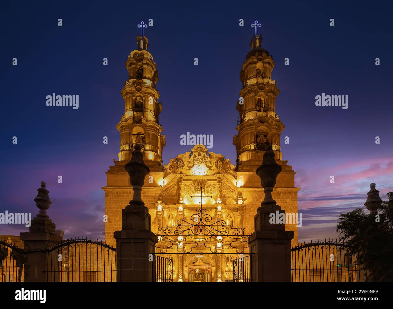 Mexico, Aguascalientes Cathedral Basilica in historic colonial center near Plaza de la Patria. Stock Photo