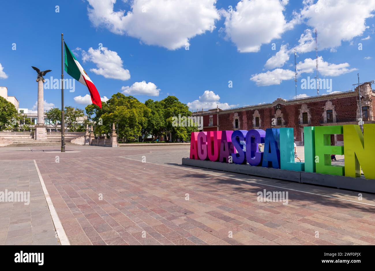 Colorful letters of Aguascalientes central square Plaza de la Patria in front of Cathedral. Stock Photo