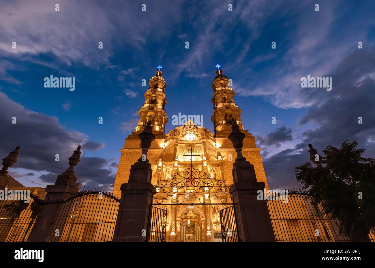 Mexico, Aguascalientes Cathedral Basilica in historic colonial center near Plaza de la Patria. Stock Photo