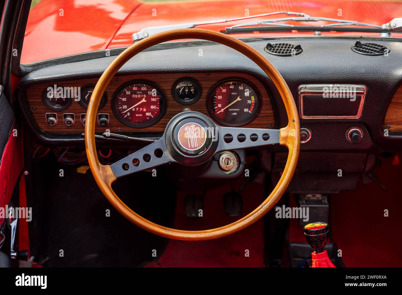 WERDER (HAVEL), GERMANY - MAY 20, 2023: The interior of supermini Fiat 850 Spider. Oldtimer - Festival Werder Classics 2023 Stock Photo