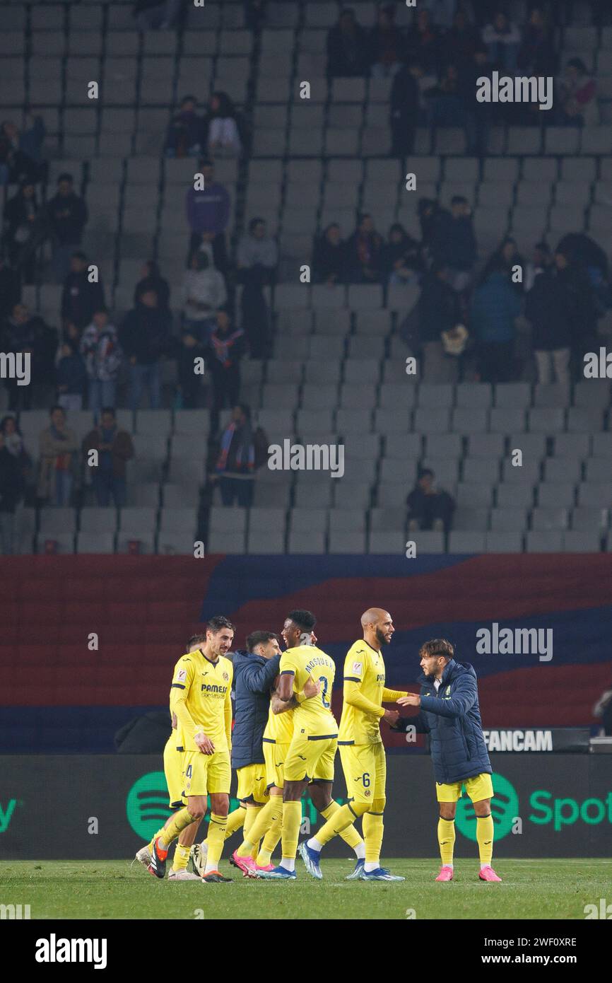 Barcelona, Spain. 27th Jan, 2024. Villarreal players celebrate the victory during the LaLiga EA Sports match between FC Barcelona and Villarreal CF at the Estadi Olimpic Lluis Companys in Barcelona, Spain. Credit: Christian Bertrand/Alamy Live News Stock Photo