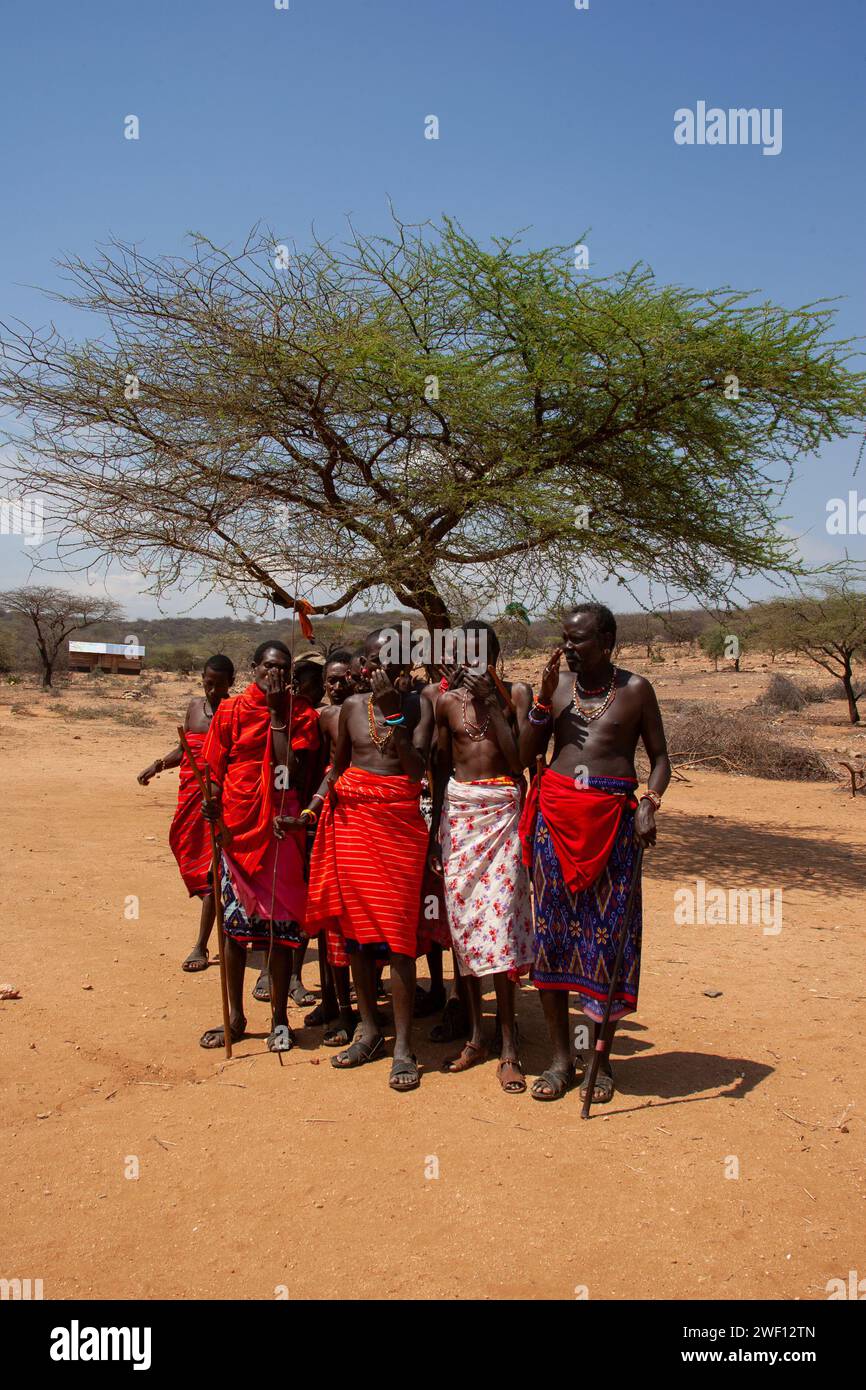 Samburu people, warriors from the Samburu tribe in a traditional dance Stock Photo