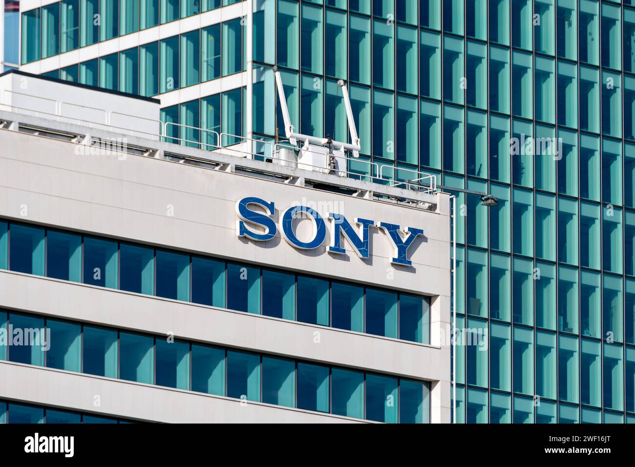 Sign and logo on the headquarters of Sony France, French subsidiary of the Japanese company Sony Corporation Stock Photo