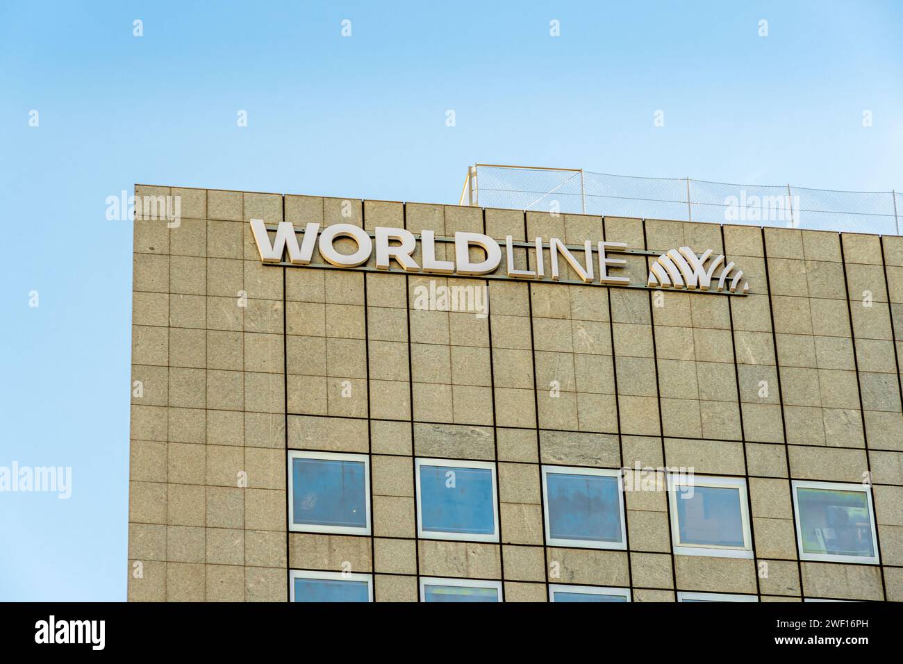 Sign on the Worldline headquarters in the business district of Paris - La Défense. Worldline is a French fintech specialized in securing transactions Stock Photo