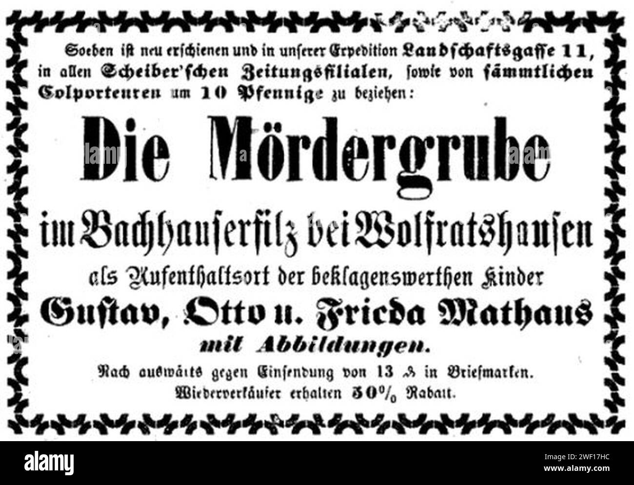 Anzeige Die Mördergrube 1877. Stock Photo