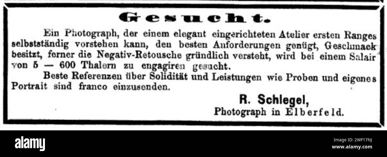 Anzeige Schlegel Elberfeld 1871. Stock Photo