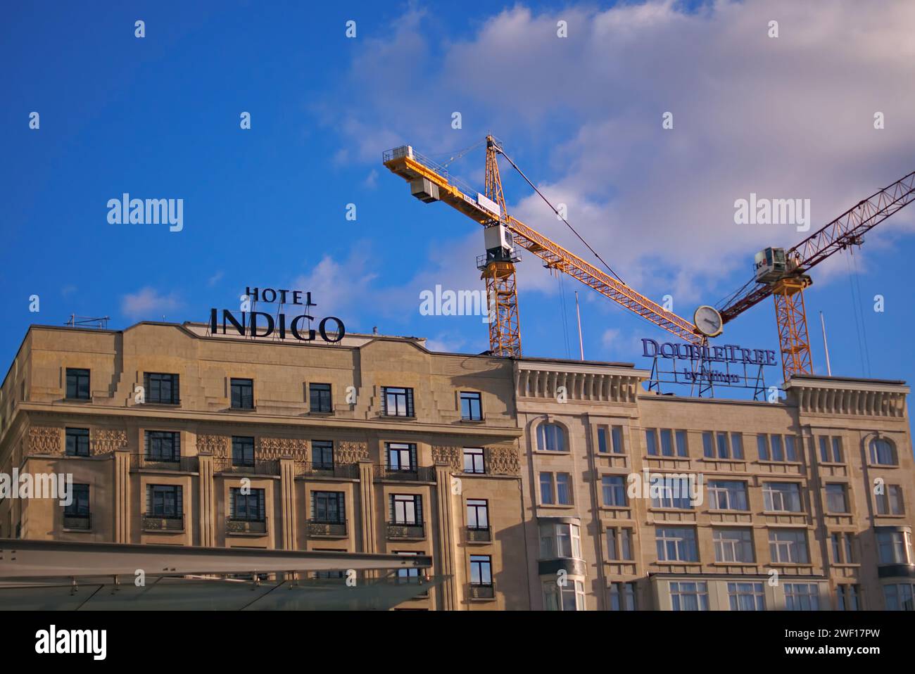 Brussels, Belgium. 26nd Jan, 2024. Hotels in Belgium. Close to Roger metro station. Hotel Indigo facade and Double Tree facade are nearby. Stock Photo