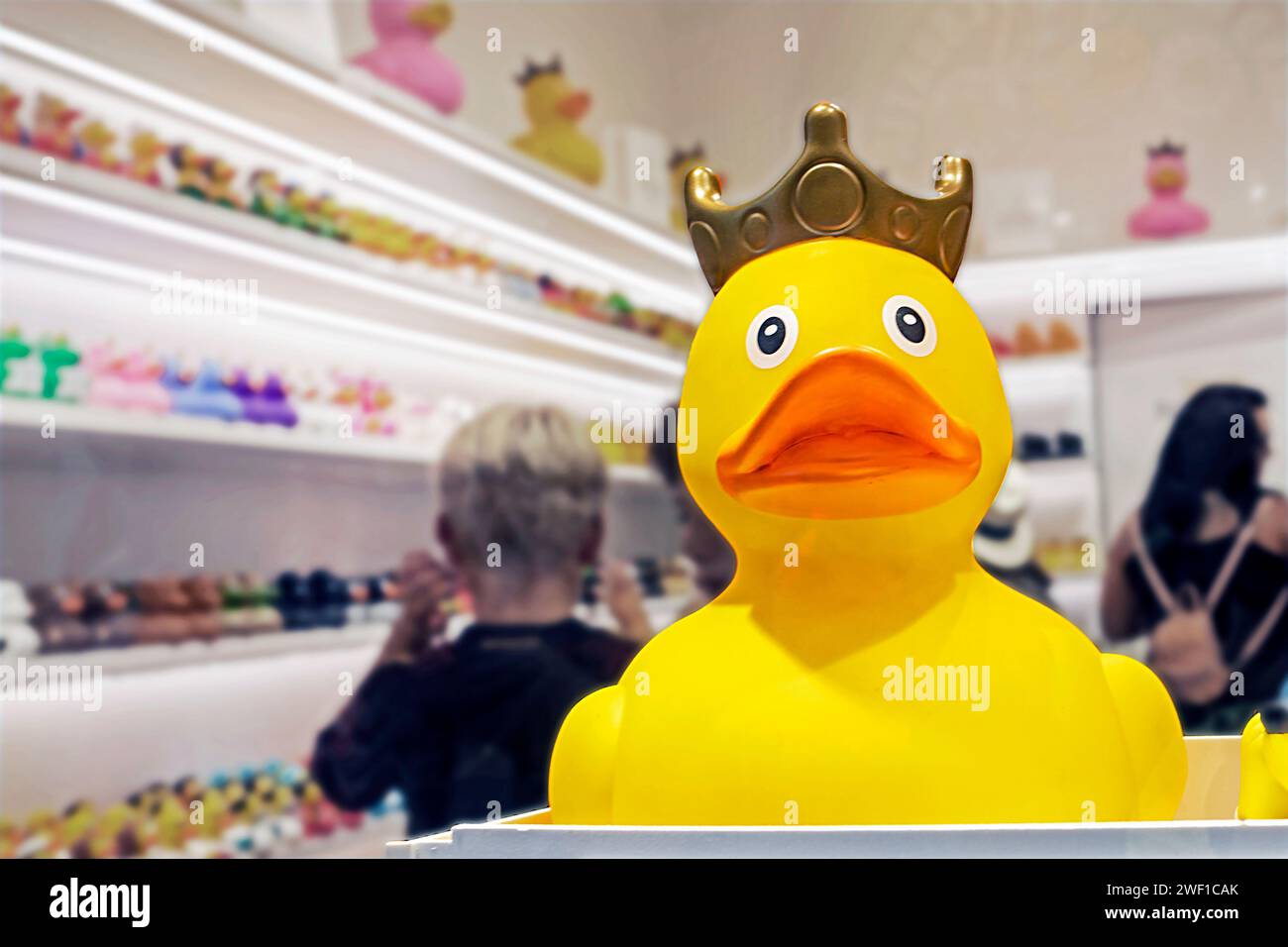yellow toy rubber duck with a crown in a display case in a toy store