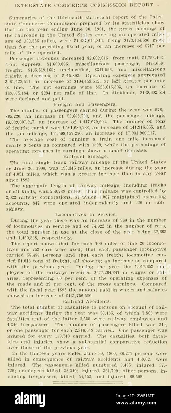 Interstate Commerce Commission Report, Summaries of the thirteenth statistical report for the year ending June 30, 1901 - from, American Engineer and Railroad Journal, 1901 - Stock Photo