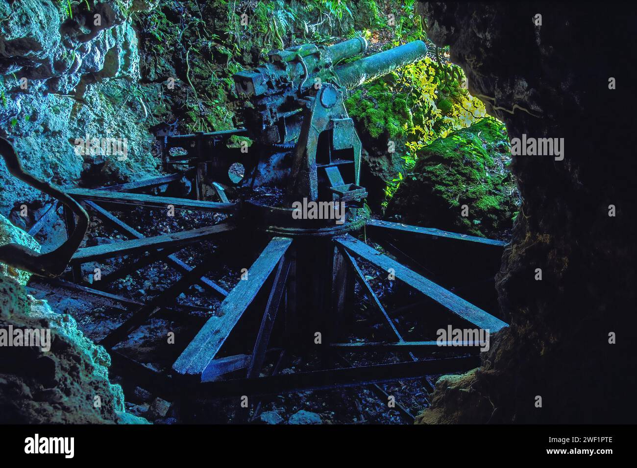 WW2 Japanese cannon mounted in a cave entrance, Battle of Peleliu 1944. Peleliu, Palau Islands, Micronesia. Stock Photo