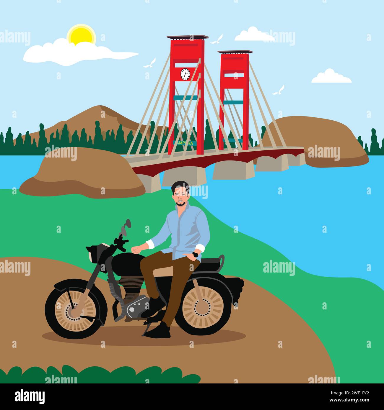 Biker on a motorbike. Vector illustration in flat style. Stock Vector