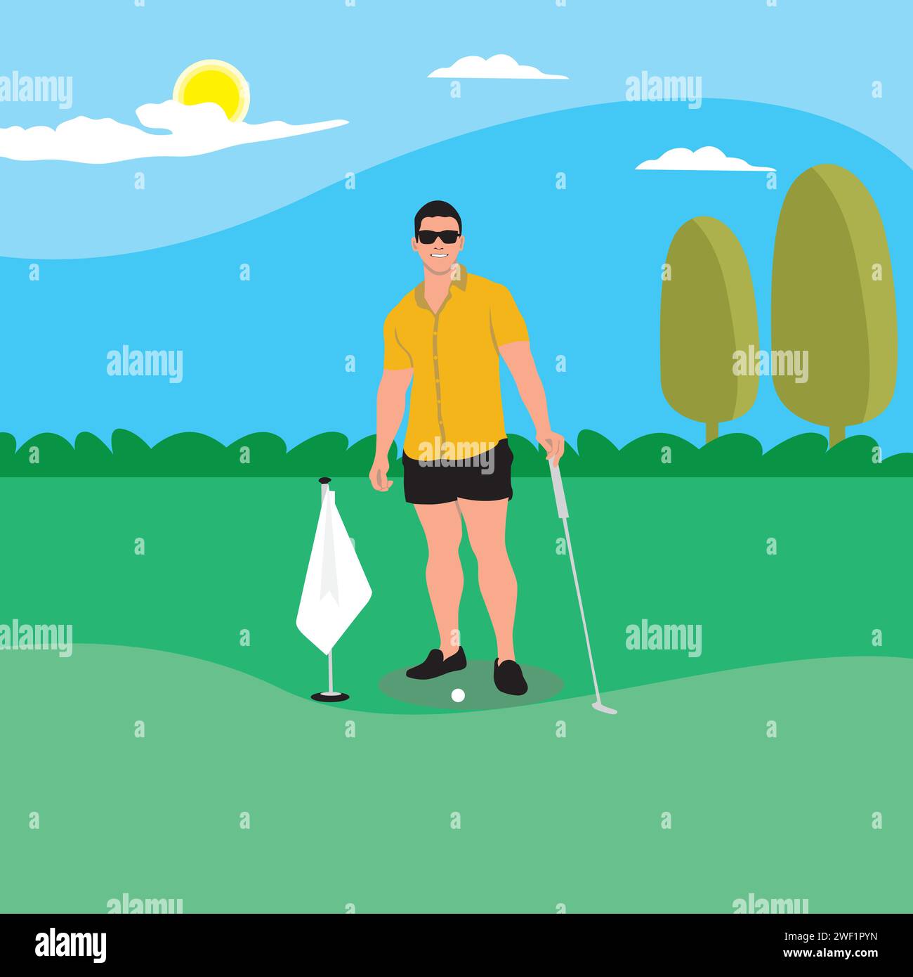 Golfing Course Vector Golfer on a golf course. Vector illustration in flat style Stock Vector ...