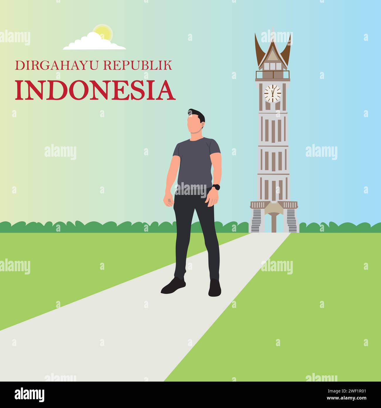 Vector illustration of a man standing in front of Padang Tower Stock ...