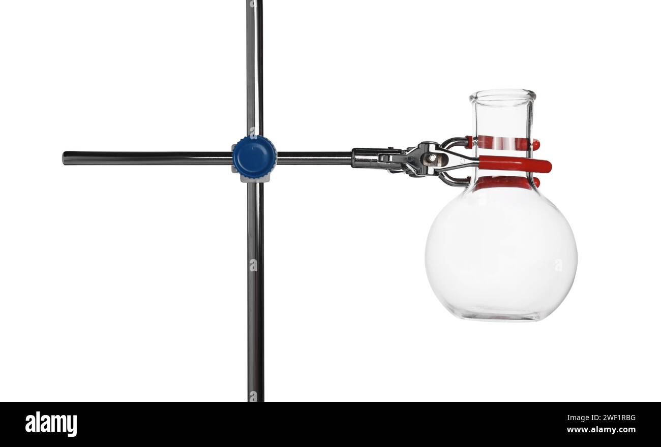 Retort stand with empty flask isolated on white Stock Photo Alamy