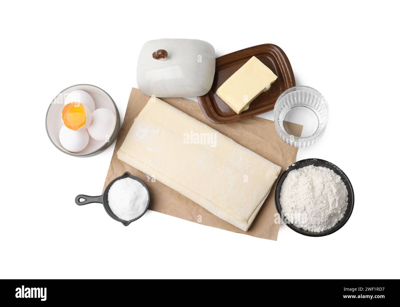 Raw puff pastry dough and ingredients isolated on white, top view Stock ...