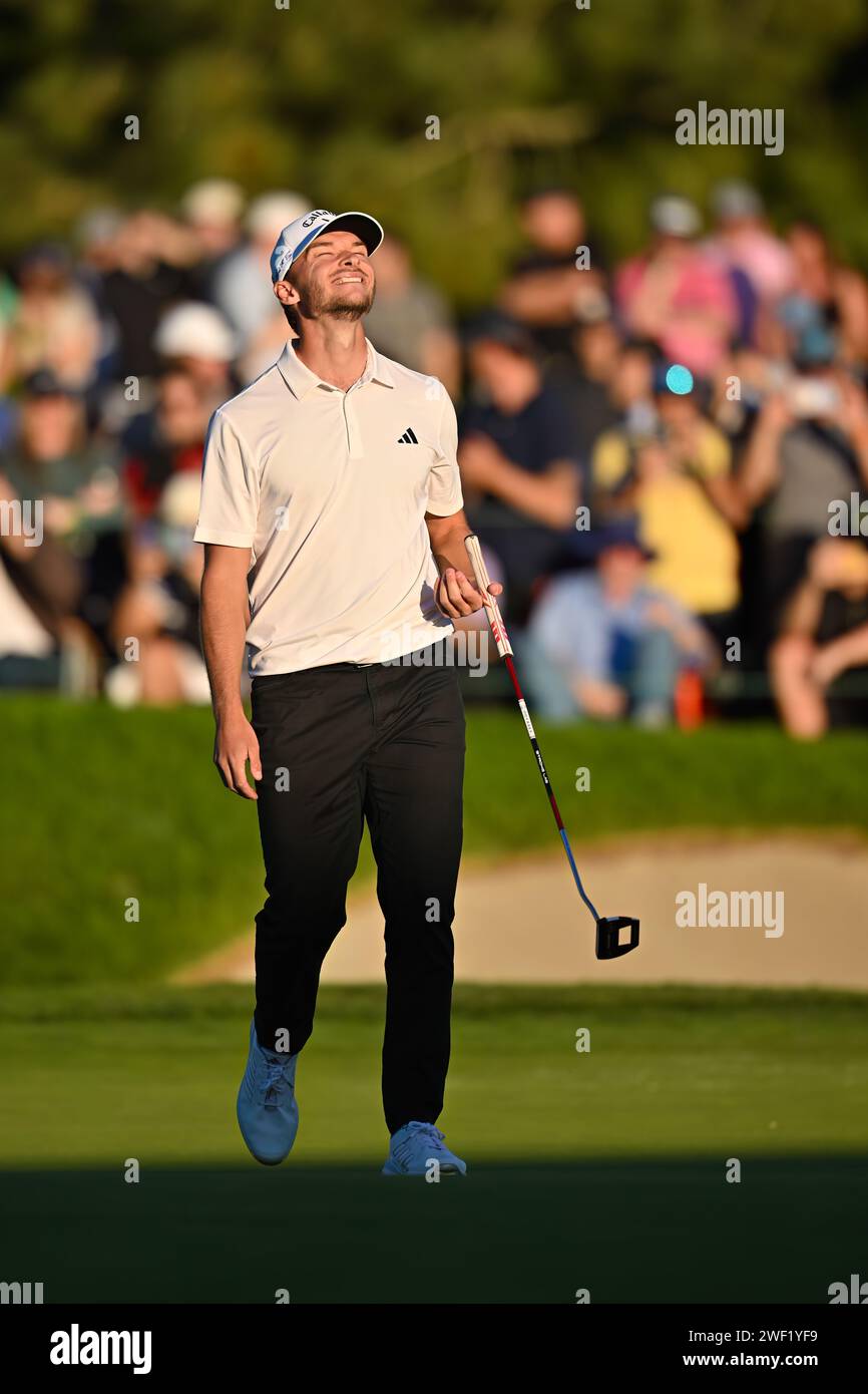 San Diego, California, USA. 27th Jan, 2024. Nicolai Hojgaard react
