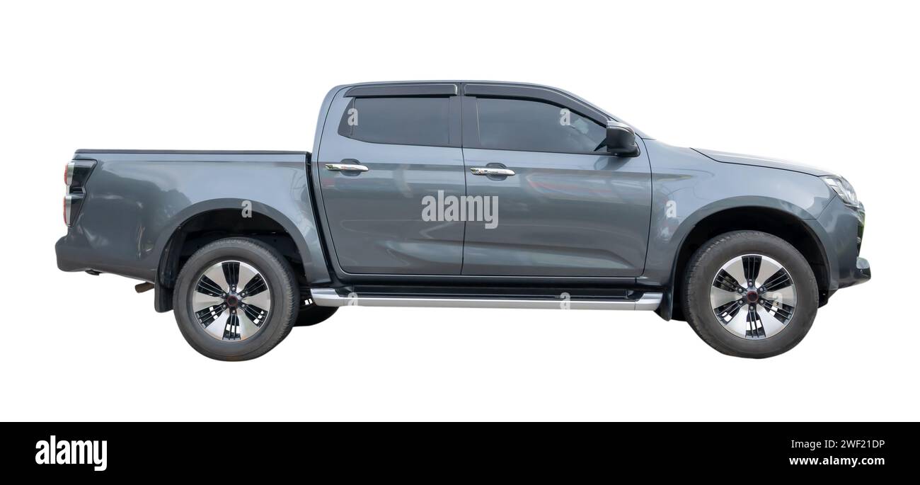 Side view of gray pickup truck is isolated on white background with clipping path. Stock Photo