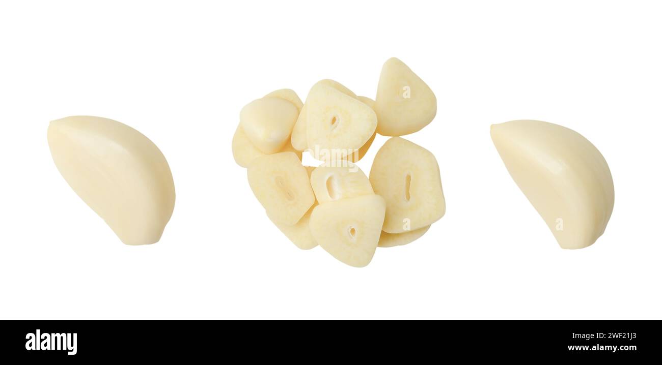 Top view set of garlic clove and slices or pieces is isolated on white background with clipping path. Stock Photo