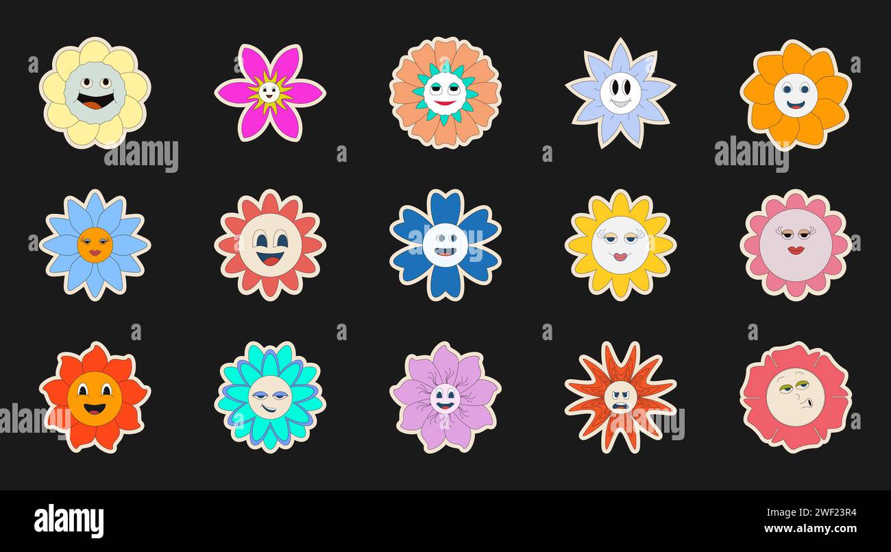 Y2k stickers pack Funny retro different flowers collection. Different emotions. Groovy flower head. Vector illustrations. Isolated on black background Stock Vector