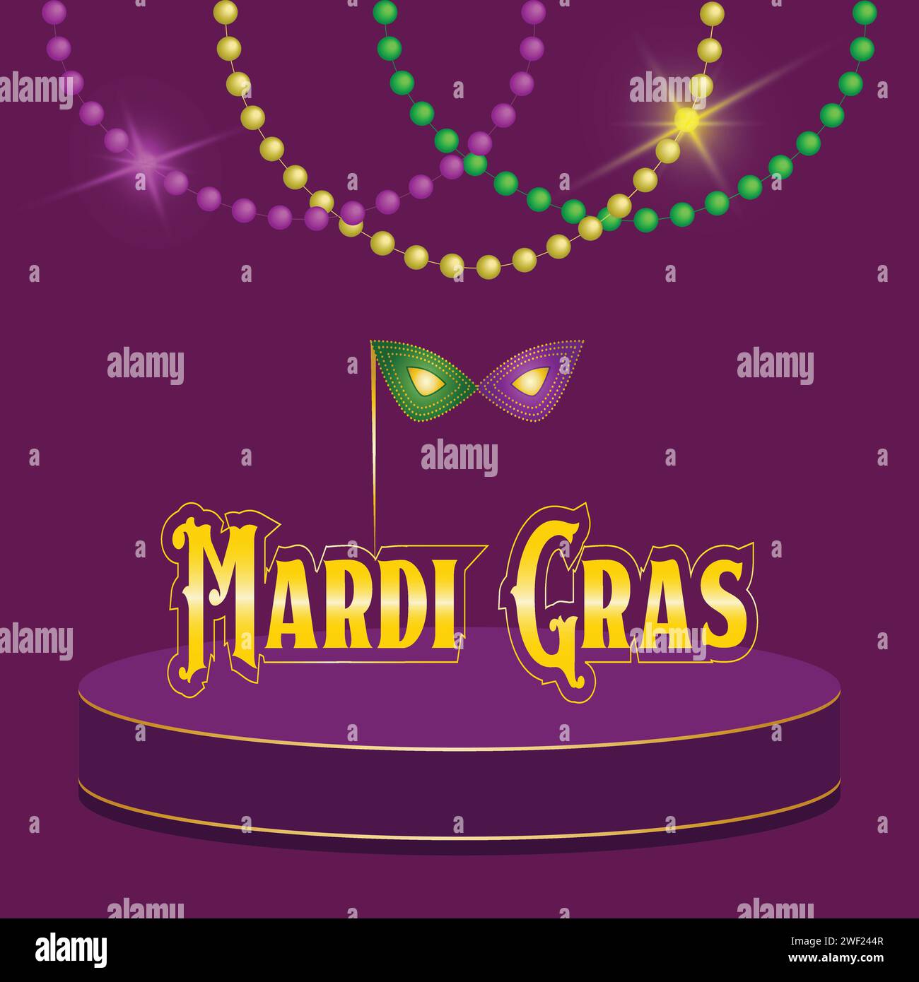 Mardi Gras carnival party invitation template Bead, carnival mask and text Vibrant flyer background Copy space Square vector illustration Stock Vector
