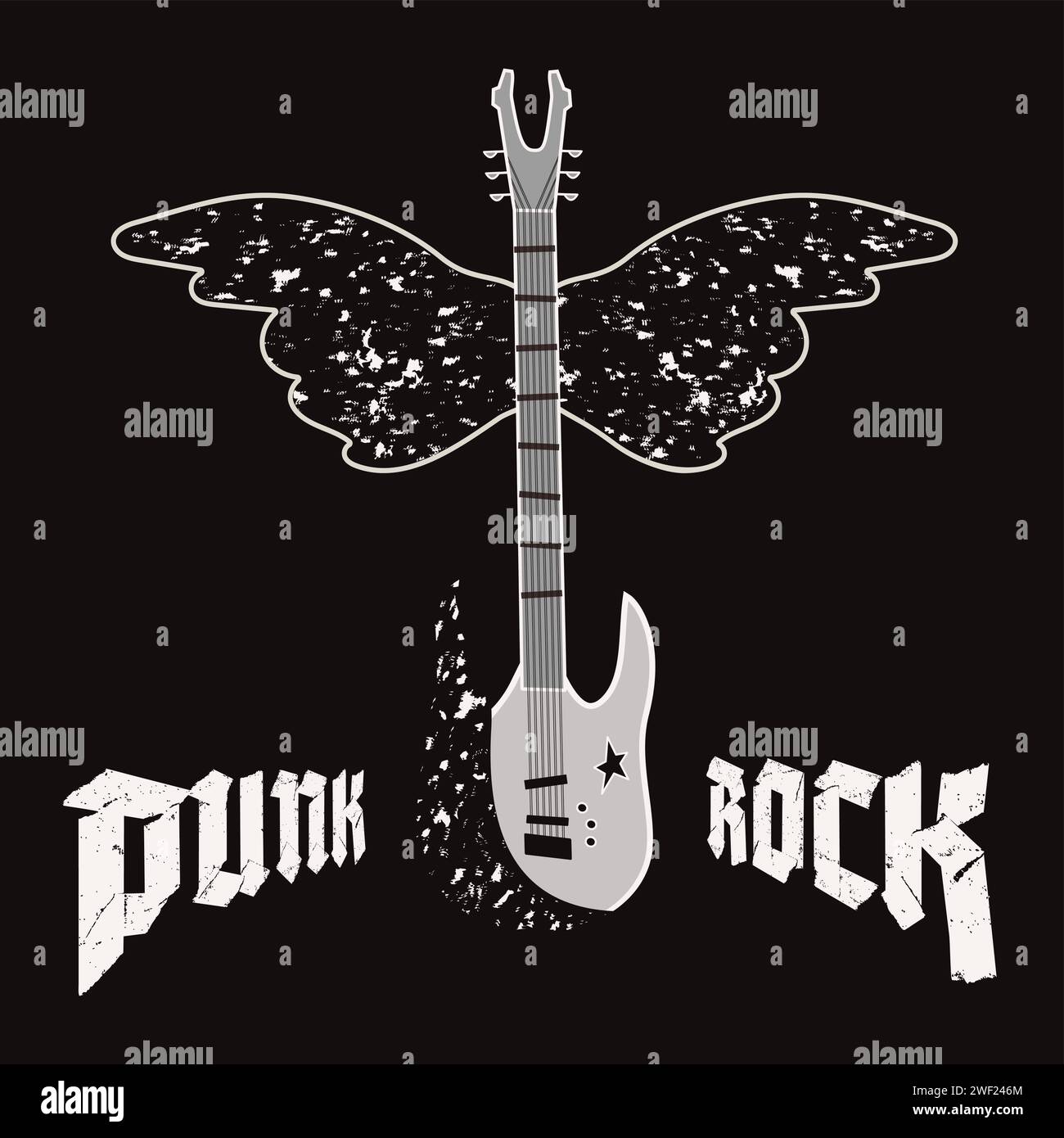 Punk Rock poster Electric guitar, wings, and text Stylized decorative ...