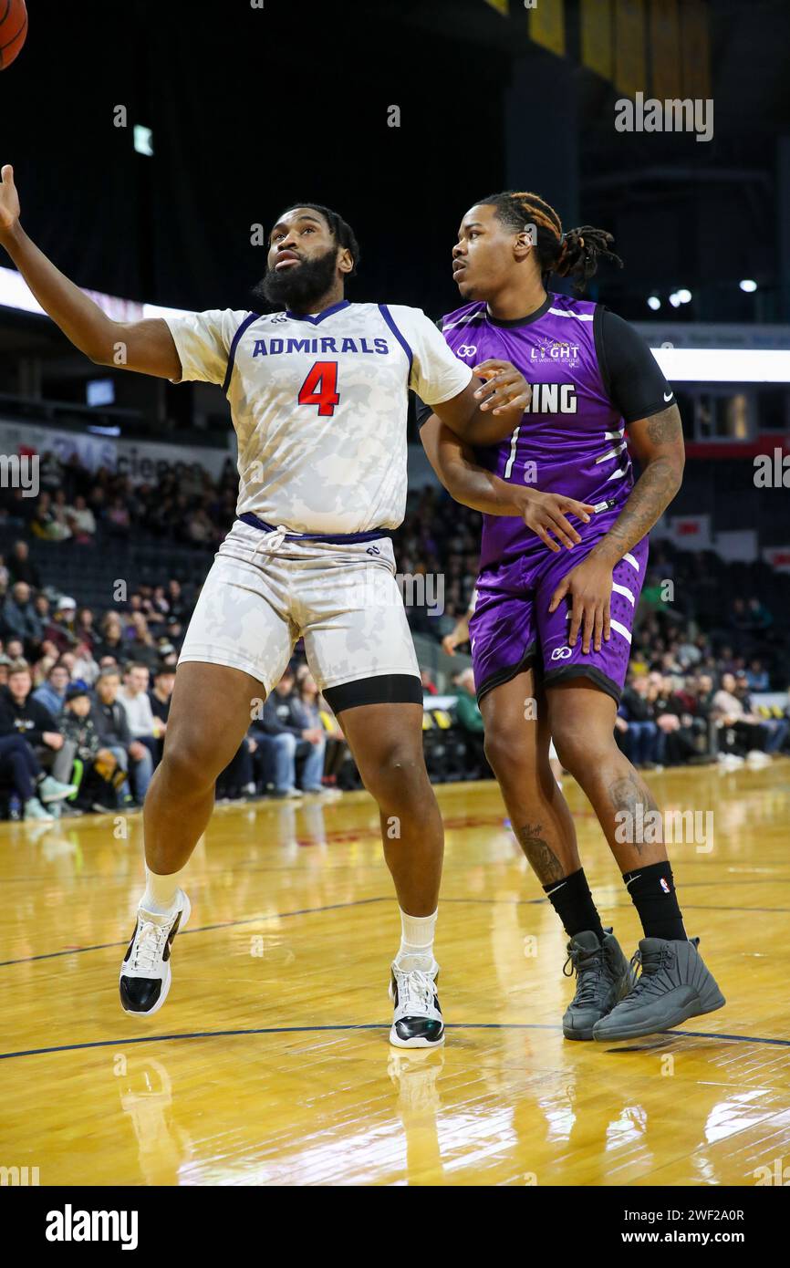 London, Canada. 27th Jan, 2024. London Ontario Canada, Jan 27 2024. The London Lightning defeat the Tri-State Admirals on their first visit to Canada.Austin Mofunanya(4) of the Tri-State Admirals. Credit: Luke Durda/Alamy Live News Stock Photo