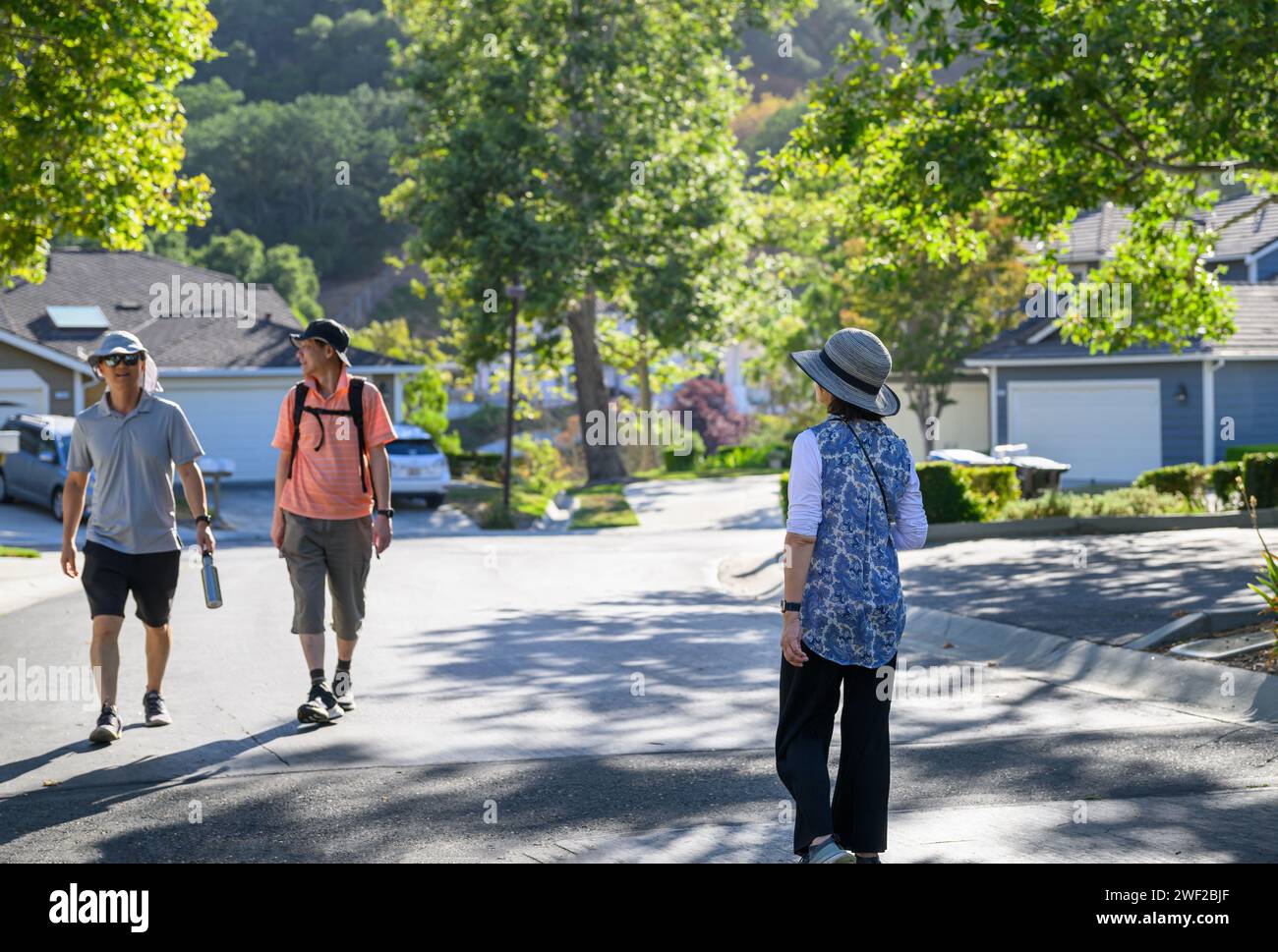Friends walking in a leafy suburb. Selective focus on woman in the foreground. California. Stock Photo