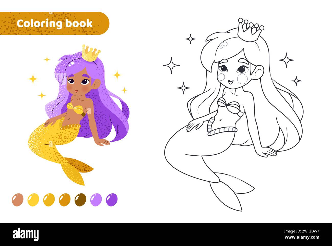 Coloring book for kids. Cute mermaid with stars. Stock Vector
