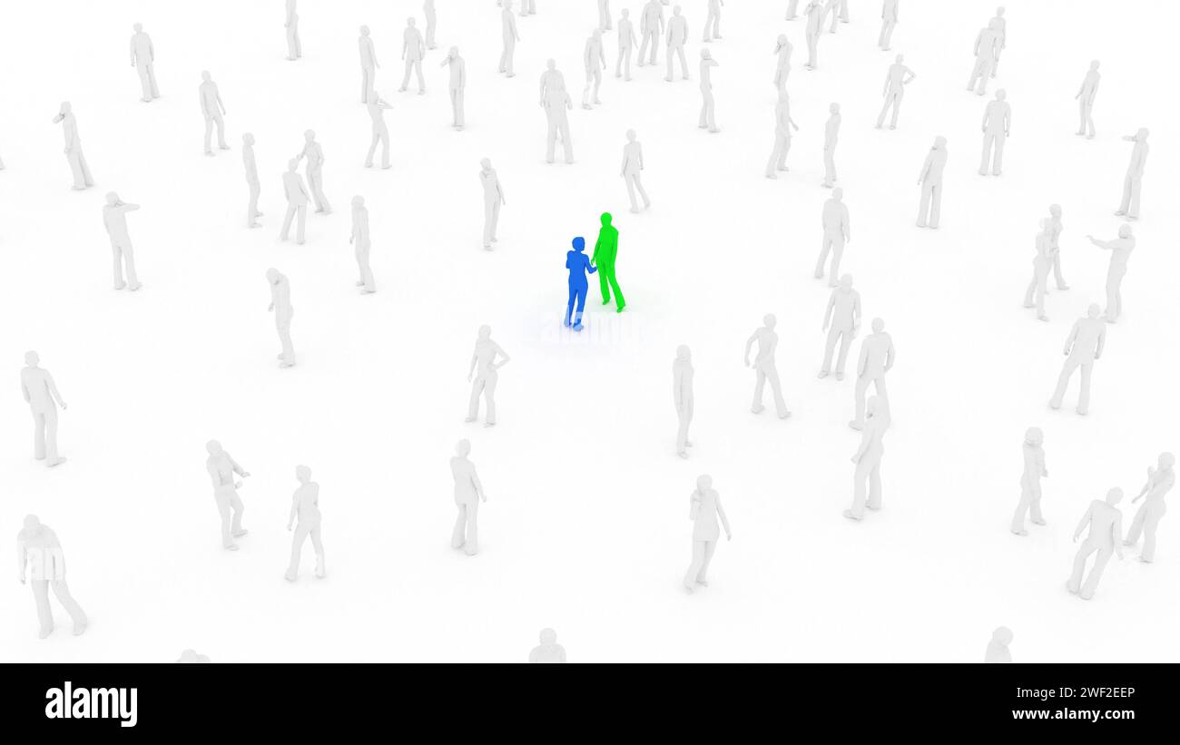 Group of people are standing on a white background in the center of blue and green people talking to one another 3d render Stock Photo
