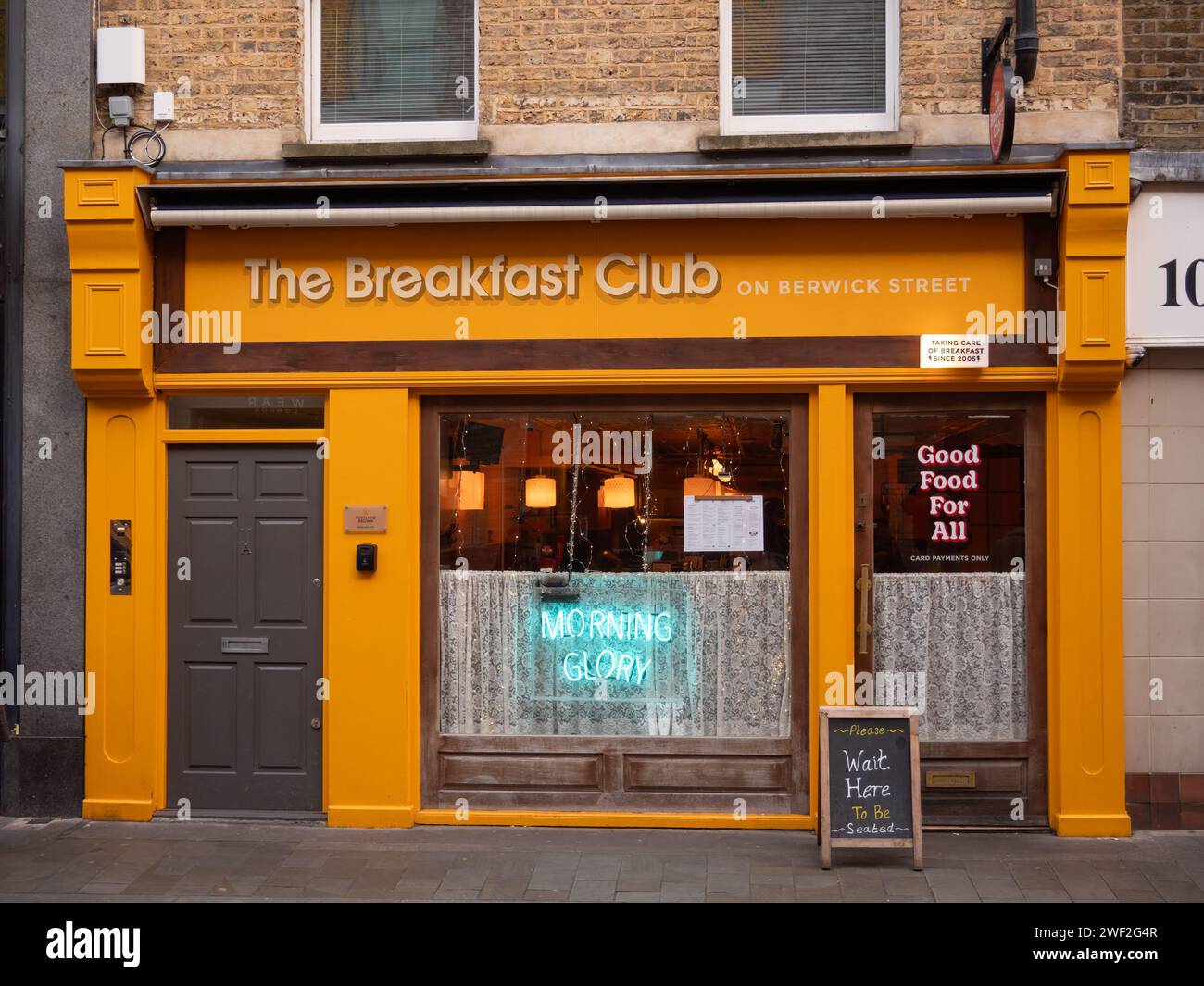 LONDON, UK - JANUARY 27, 2024:  Exterior view of the Breakfast Club restaurant in Berwick Street, Soho Stock Photo