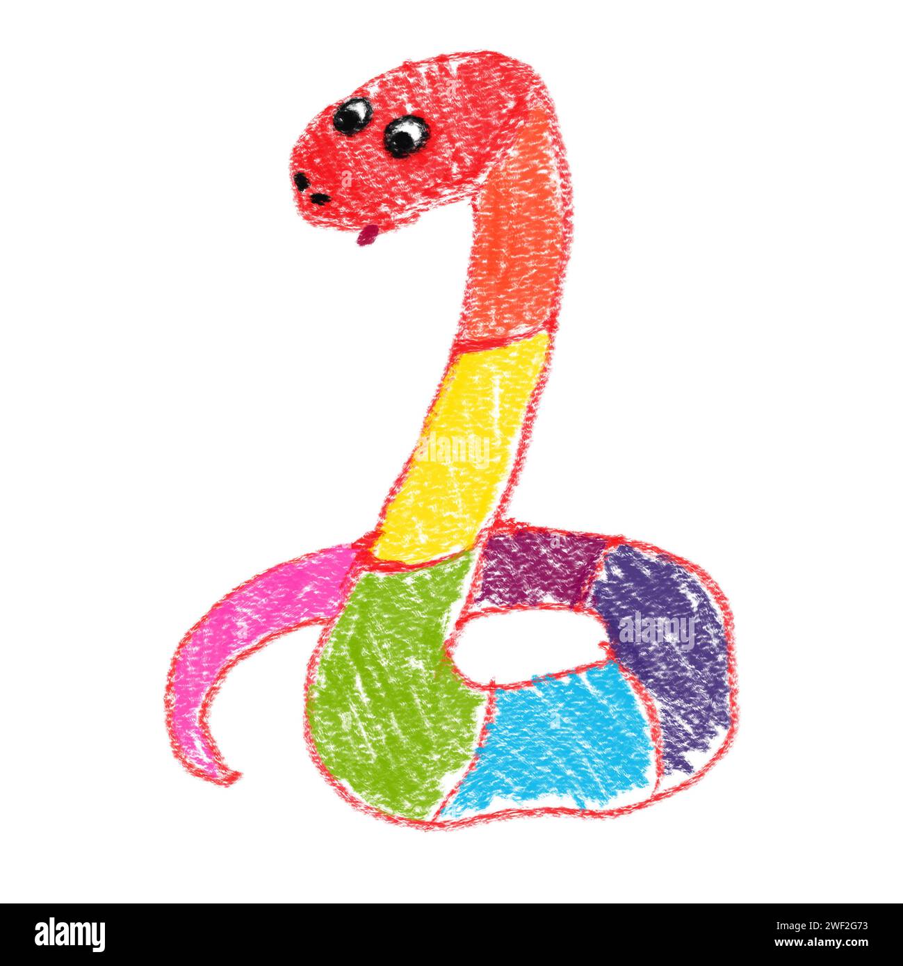 Hand-drawn simple colorful snake on white background. Kid's drawings using pencil technique. Isolated images. For design and card Stock Photo