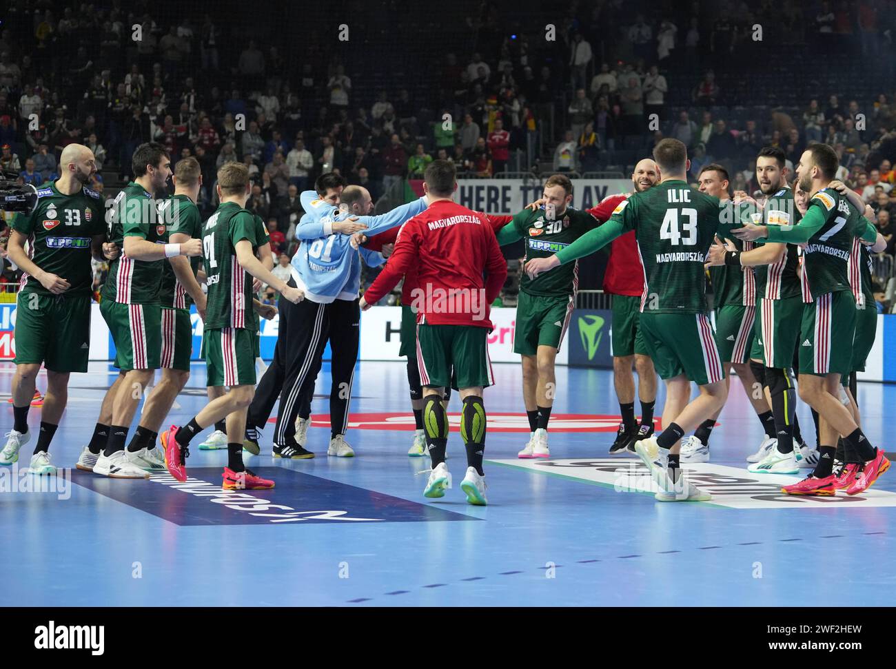 Hungary players celebrate at full time during the Men's EHF Euro 2024 ...